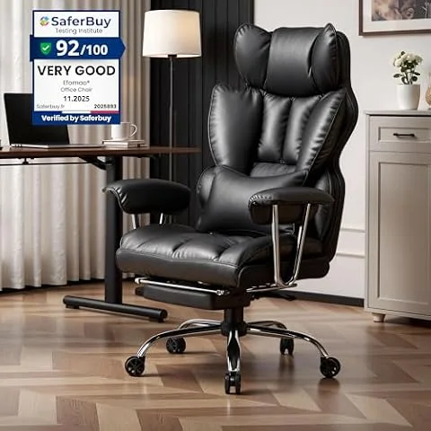 Efomao Desk Office Chair, Big and Tall PU Leather Ergonomic Office Chair, 200KG Adjustable High Back Computer Chair,Executive Swivel Chair with Footrest and Lumbar Support, Black