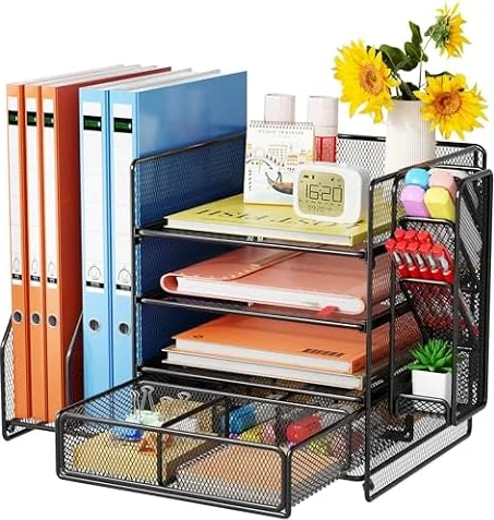 Casavibe Desk Organiser with File Holder, 5-Tier Paper Organiser | Mesh Desk File Organiser with Magazine Holder with Pen Holders（Upgraded）