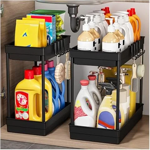 TidyTrove 2 Pack Under Sink Storage,Under Sink Organiser | Kitchen Storage,2Tier Under Sink Shelf, Multi-Purpose for Bathroom,Black
