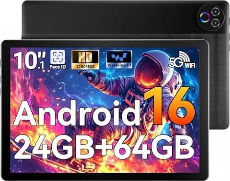 MUISOO 10 Inch Android 16 Tablet, 24GB RAM 64GB ROM(1TB TF Expandable), 1280×800 IPS Display, 6000mAh Battery, WiFi 6 BT5.4, Dual Cameras & Speakers, Tablet for Gaming Learning Working, Black