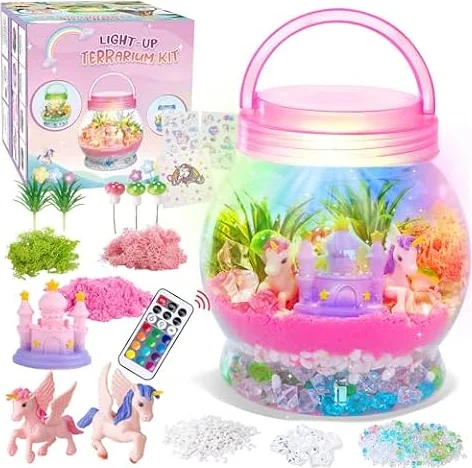 MELAND Unicorn Terrarium Kit, Craft Kit for 5-10 Girls Gifts, Unicorn Toys | Fairy hands-on light Up unicorn garden, 2 lights, display craft kits for birthday, Christmas