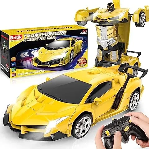 Britik Transforming Remote Control Car Toys Gifts for Boys 3-8 Year Old | Transformable 2 in 1 Robot RC Car Toy, 360° Rotating Transforming Cars Toy, Toys for Kids 3 4 5 6 7 8 Year Old, Yellow