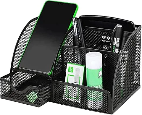 PYJLBX Desk Organiser, Black Metal Mesh Pen Holder & Stationery Storage, Multi-Use Desktop Tidy with Drawer for Office, Home & School, Desk Accessories & Office Supplies, Pen Pot Stationary Organiser