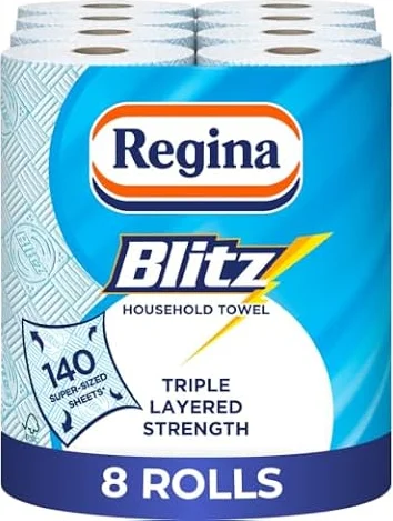 Regina Blitz, 8 Rolls of Household Towel, 3-Ply | 70 Sheets Per Roll, Recyclable-Paper Packaging, FSC Certified Paper, 60% Larger Than Standard Kitchen Roll Sheets