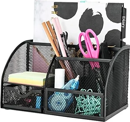 EXERZ Desk Organiser 7 Compartment Pencil Holder Office Tidy Caddy Black | Metal Mesh Pen Holder For Notes Paper Clips Small Desk Items Stylish For Home Office Study