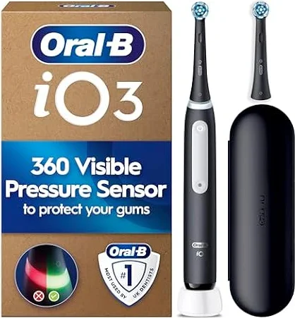 Oral-B iO3 Electric Toothbrush, Black, with Travel Case and Spare Head | Pressure Sensor, with 2 Toothbrush Heads, Long-Lasting Battery with Case for Home and Travel, UK Two Pin Plug