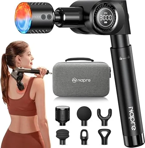 Napre Massage Gun with Heat and Cold Head,Deep Tissue Muscle Massage Gun with Long Extension Handle,Percussion Back Massager for Neck/Body Pain Relief,32-Speeds,Foldable with 5 Adjustable Angles