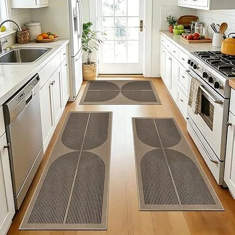 Capslpad Kitchen Rugs Sets of 3 Non Slip Jute Look Kitchen Washable Rugs | Black Durable Kitchen Rugs and Mats Hallway Runner Carpet Set for Laundry, Entrance, Entryway, Bedside, Dining Room
