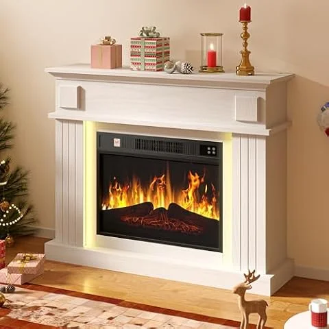 DWVO Electric Fireplace Suite 39" and Realistic Flame Effect Fire, Electric Fire and Surround Reach up to 30㎡ Space, White Electric Fire with Programmable Timer and LED Light Strip, 100x26x80.5CM