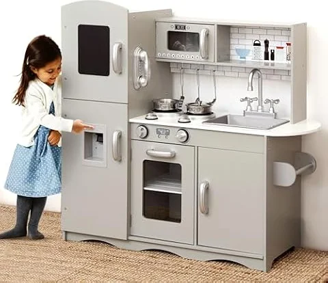 KIDOZ Signature Kids Wooden Play Kitchen Boys Girls Pretend Toy, New Grey | with Sounds and Light Cooking Role Play Large Size 91.5x85.5x30cm, with 5PCs Utensil Toys