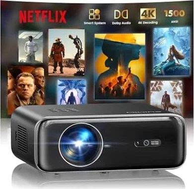 【Netflix Included/Dolby Audio】Smart 4K Projector,1500ANSI FHD 1080P Portable Projector,HDR10 Short Throw Auto Focus/Keystone WiFi6 Bluetooth 50% Zoom Home Cinema Projectors for Bedroom,Outdoor,Gifts