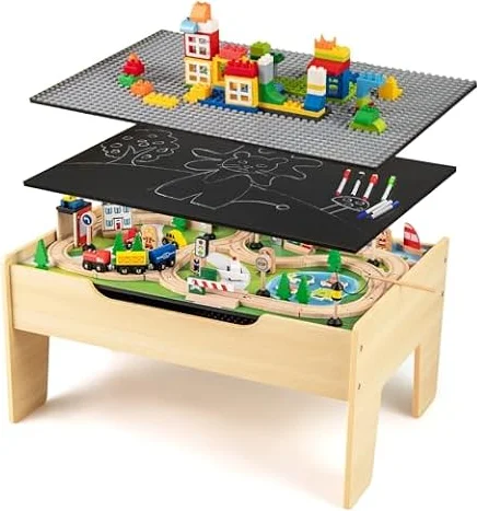 INFANS Train Table with Storage, 78 Pieces Wooden Kids Activity Toy Table Playset with Reversible Detachable Tabletop, Tracks, Train, Railway, City, Gift for Boys Girls Ages 3+ (Invincible)