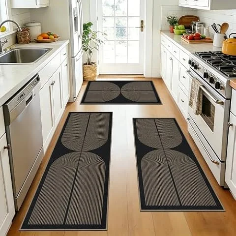 Capslpad Kitchen Rugs Sets of 3 Non Slip Jute Look Kitchen Washable Rugs | Brown Black Durable Kitchen Rugs and Mats Hallway Runner Carpet Set for Laundry, Entrance, Entryway, Bedside, Dining Room