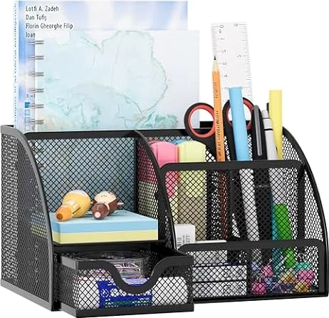 EasyPAG Desk Tidy Stationery Organiser Pen Holder with Drawer,Black | Metal Mesh,Home and Office,Desktop,Sticky Note Storage