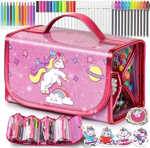 Unicorn Gifts for Girls Pencil Case for Girl with 48Pcs Stationery Included | Girls Toys for Age 4 5 6 7 8 Kids Colouring Set with Scented Glitter Pen Marker Crayons Stickers, Birthday Christmas Presents