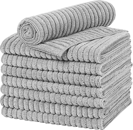 gryeer Microfibre Tea Towels, 45 x 65 cm, Pack of 8, Grey | Thick, Soft, Super Absorbent, Lint Free Kitchen Towels